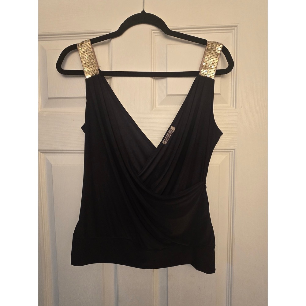 Y2K Sirens Black Sequin Strap Surplice Stretch Tank Top Women's Large USA